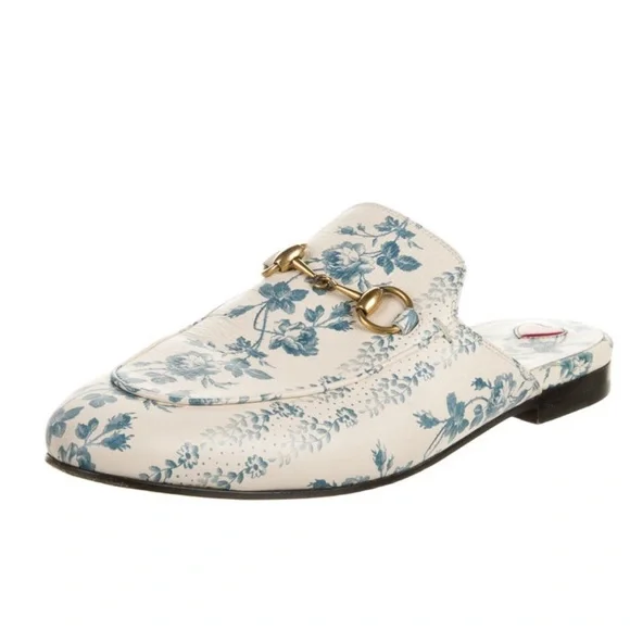 Gucci Blue and White Floral Loafers with Gold Ornament - Picture 2 of 4